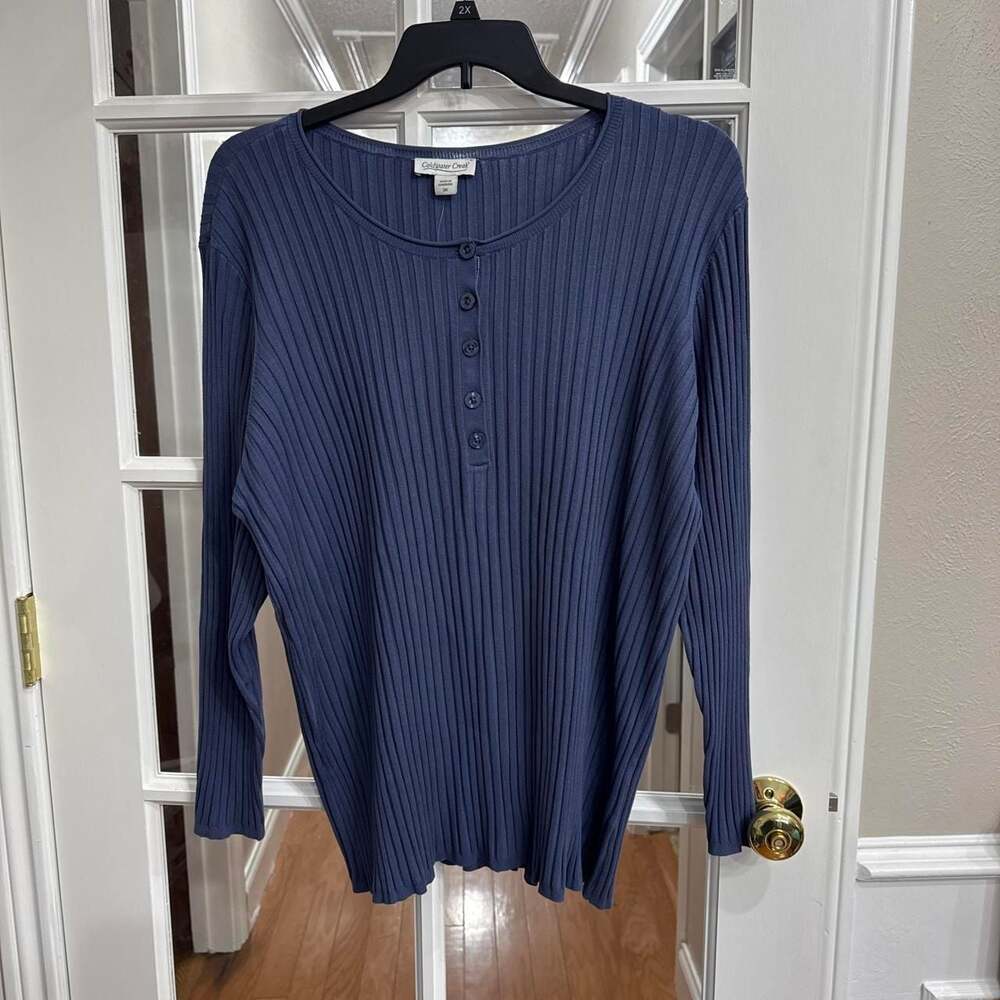Coldwater Creek Blue Ribbed Button Up Long Sleeve Top